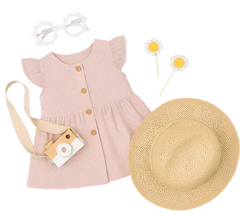 A pink dress, matching hat, sunglasses, and a camera arranged together, suggesting a stylish summer outing.