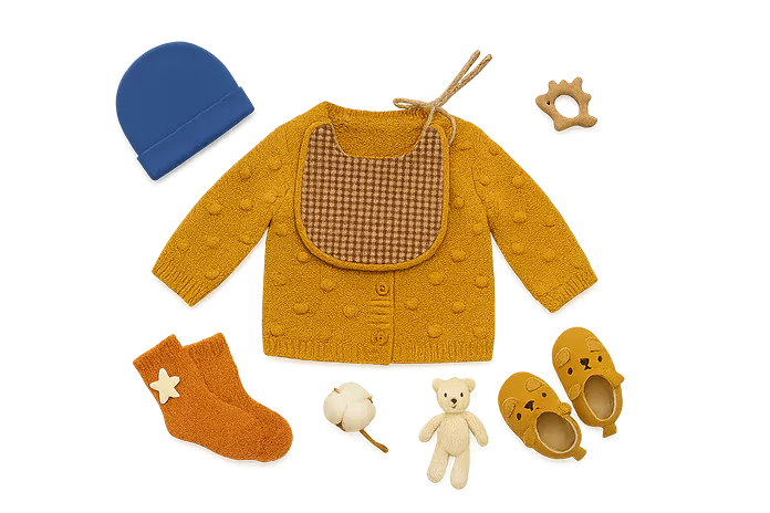 A baby's outfit featuring a hat, socks, shoes, and a teddy bear arranged together on a soft surface.