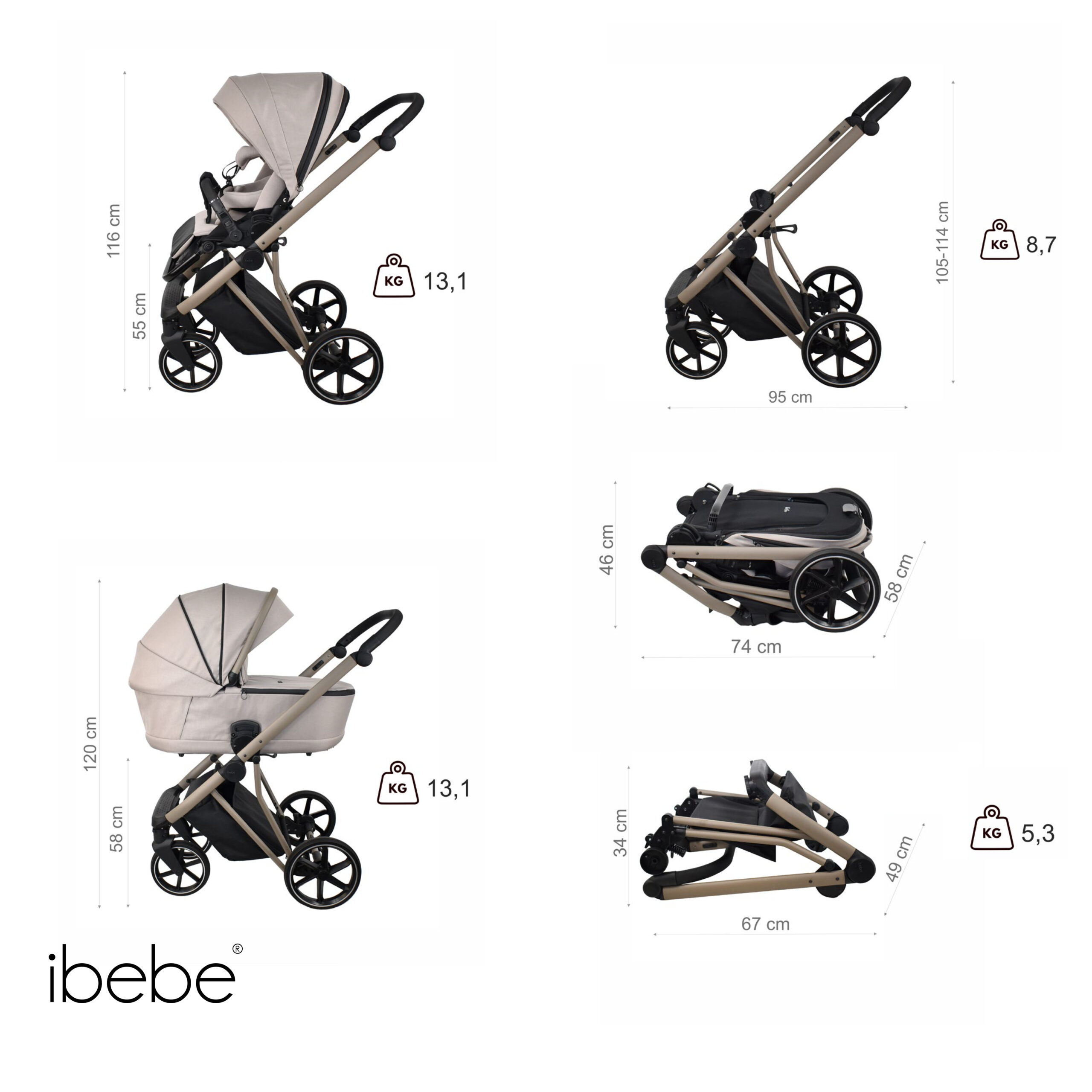 Cărucior pentru copii 2 in 1 iBebe Next2 Beige - Image 41